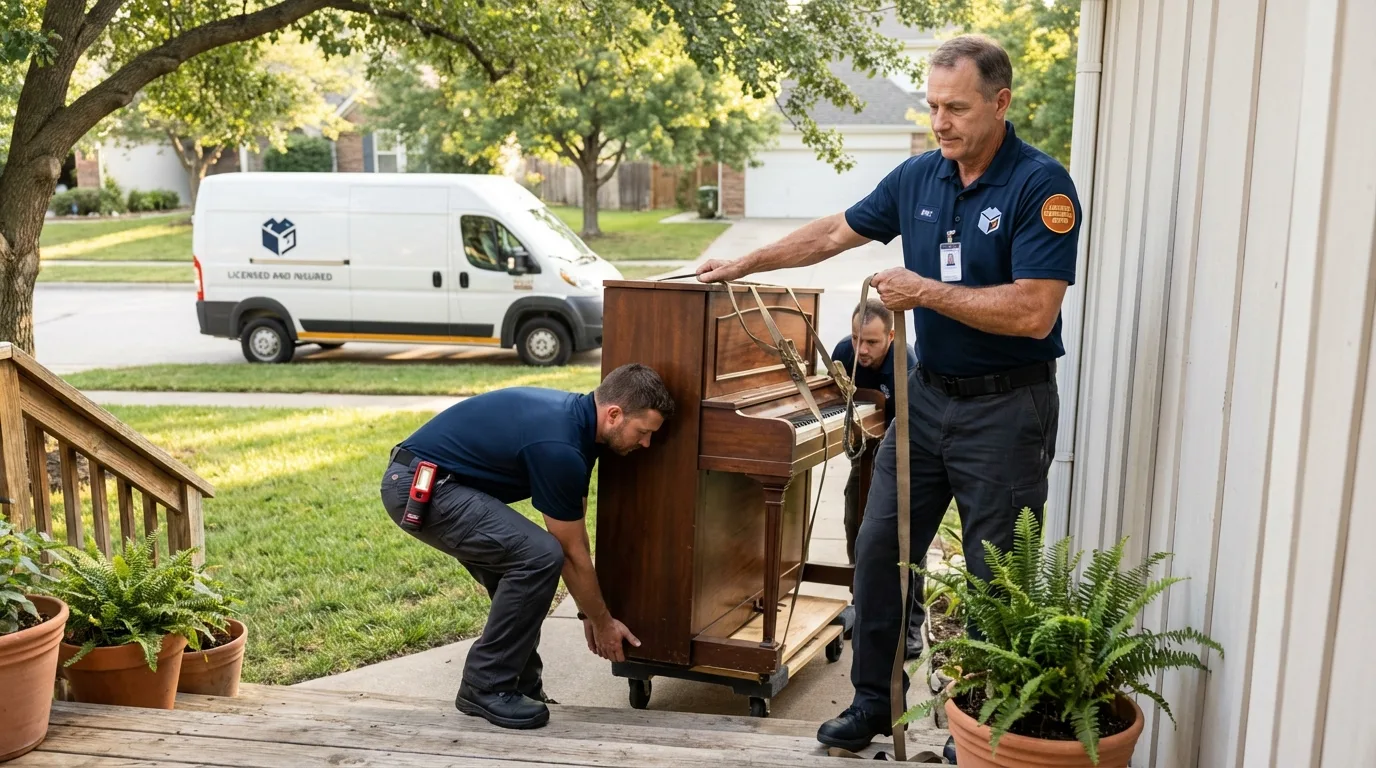 Licensed piano movers securing grand piano in Norridgewock, ME