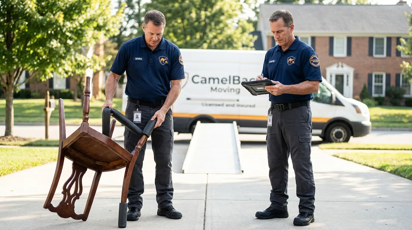 Movers inspecting furniture for damage prevention before loading in Norridgewock, ME