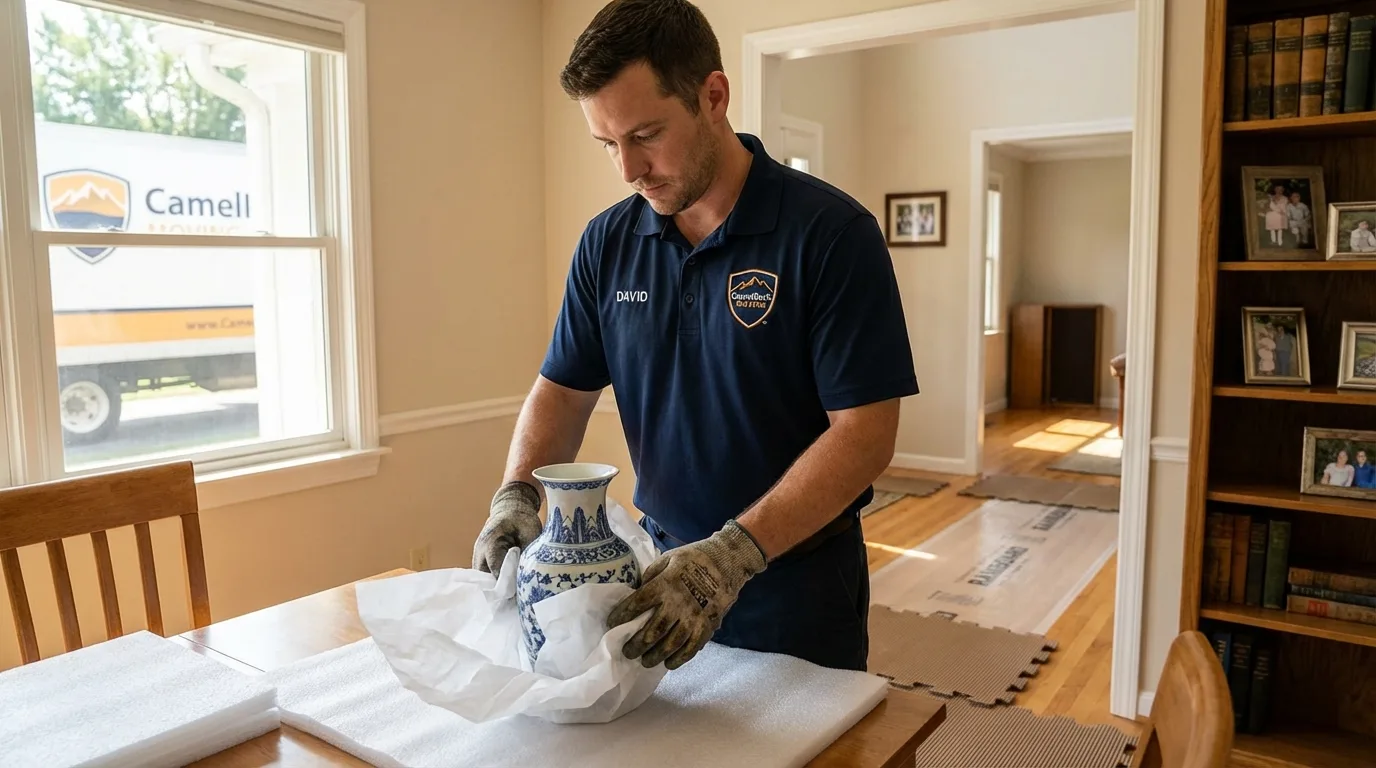 Professional crew carefully wrapping antique vase for senior downsizing move in Norridgewock, ME