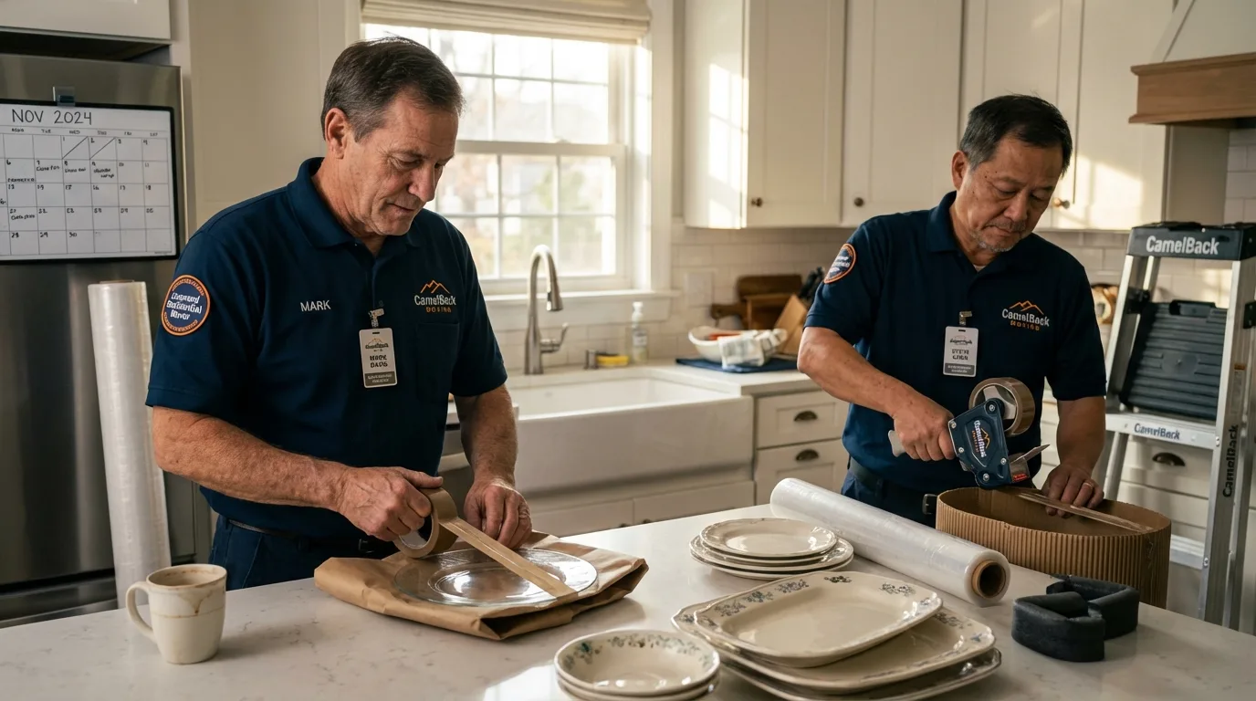 Professional crew packing kitchen dishware in Norridgewock, ME